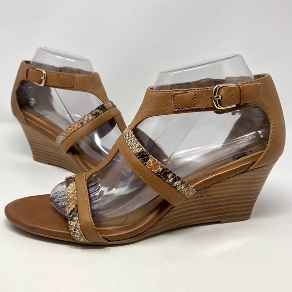 Sofft Pippa Brown Leather Wedge Heels Snake Print Adjustable Buckle Open Toe - Picture 1 of 10